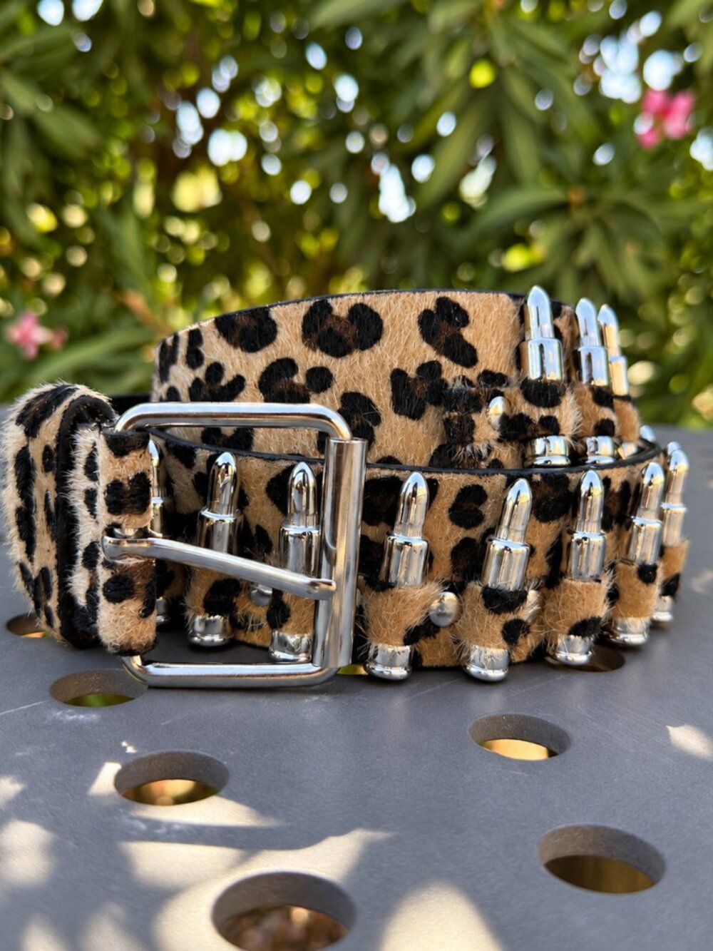 Leopard Print Bullet Studded Silver Buckle Belt